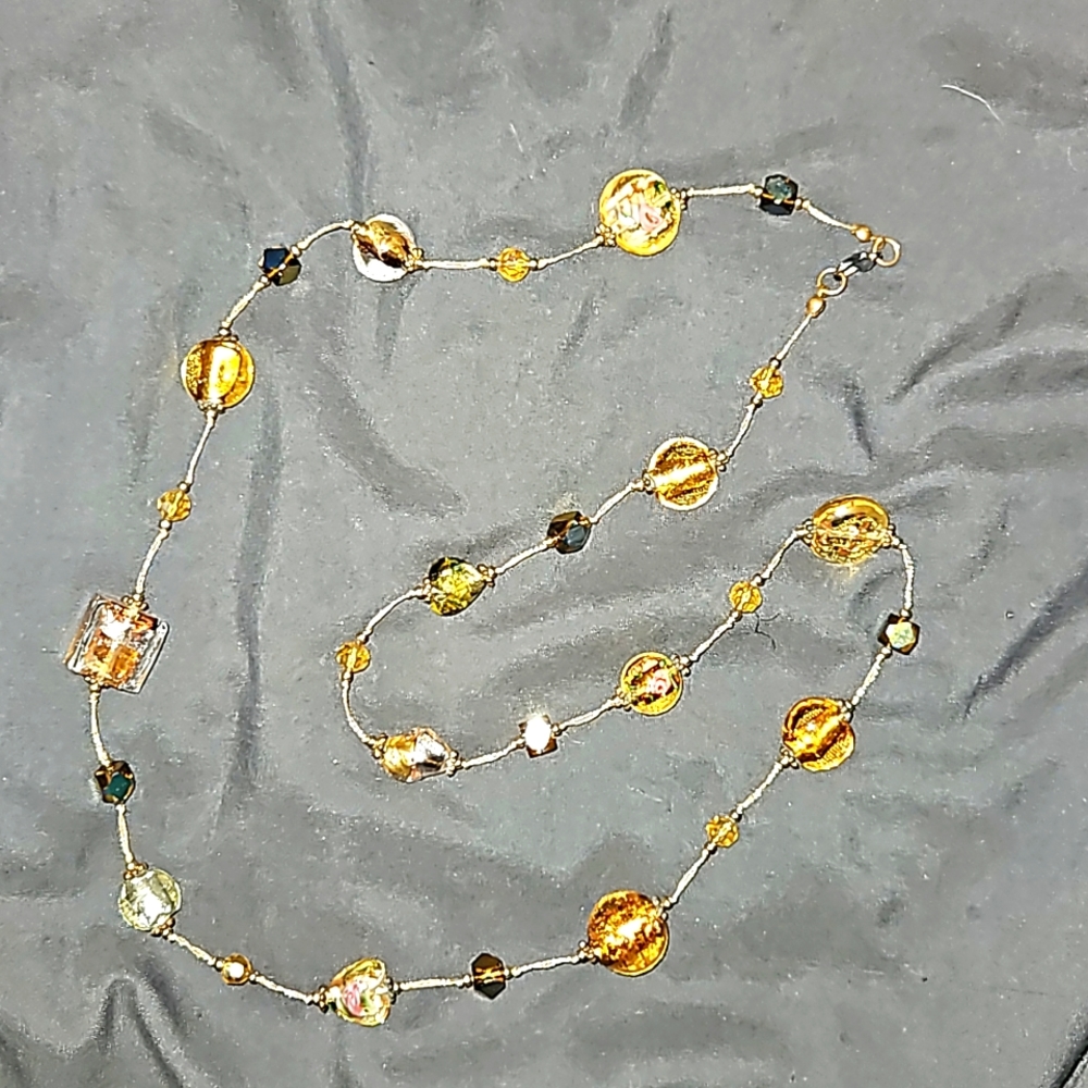 Antique Necklace 30” Art Deco Foil Amber Glass Beads Lampwork Wedding Beads